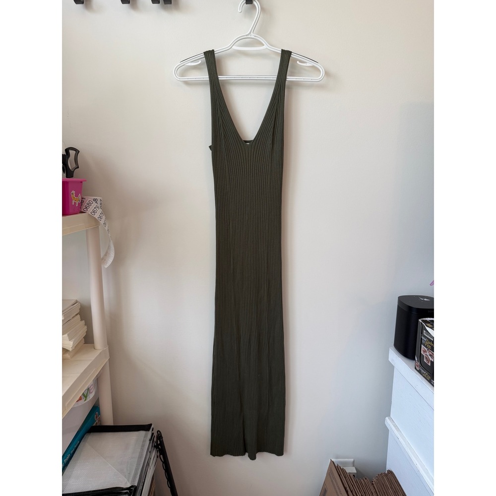 Olive Green Ribbed Knit V-Neck Sleeveless Bodycon Midi Dress